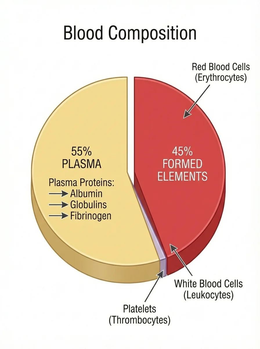 Pie chart showing blood composition: 55% plasma (straw colored) and 45% formed elements (red), with detailed breakdown of plasma proteins and formed elements types